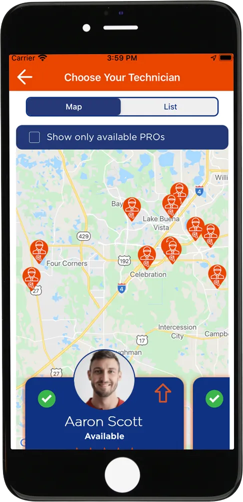 fyxify app map showing available technicians near your home