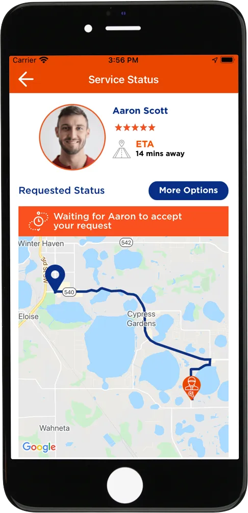 fyxify app screen showing the technician's estimated arrival time
