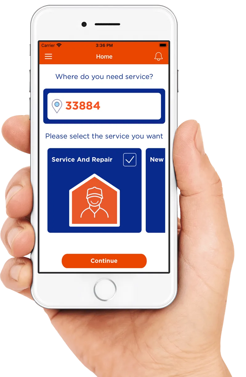 Hand holding a phone showing the fyxify app service map with available technicians